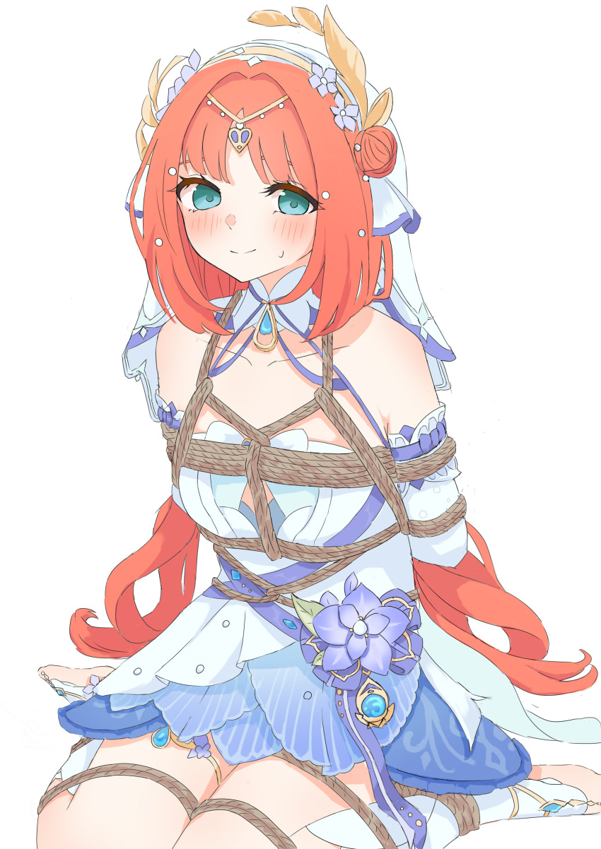 1girl absurdres bdsm blunt_bangs bondage bound flower frogtie genshin_impact hair_ornament highres long_hair nilou_(breeze_of_sabaa)_(genshin_impact) nilou_(genshin_impact) red_hair restrained rope shibari shibari_over_clothes sitting softo3932 thighs variant_set very_long_hair wariza