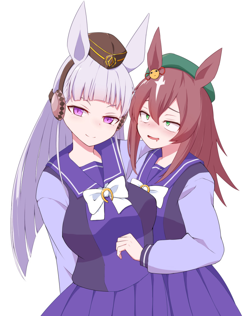 2girls animal_ears beret blunt_bangs blush borrowed_character bow bowtie brown_hair brown_headwear ear_bow genderswap genderswap_(mtf) gintama gold_ship_(umamusume) green_headwear grey_hair hat highres horse_ears horse_girl just_a_way_(racehorse) justaway long_hair long_sleeves looking_at_another multicolored_hair multiple_girls okumari original personification pillbox_hat pleated_skirt purple_eyes purple_serafuku purple_shirt purple_skirt sailor_collar sailor_shirt saliva sanpaku school_uniform serafuku shirt simple_background skirt streaked_hair tracen_school_uniform umamusume white_background white_bow white_bowtie