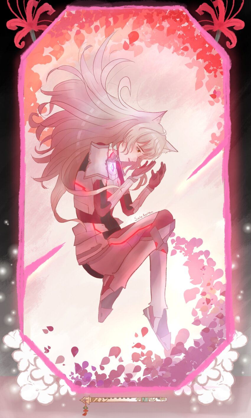1girl absurdres animal_ears armor black_background black_bodysuit bodysuit cat_ears cat_girl flower glowing grey_hair highres inset_border long_hair loose_hair_strand m_(xenoblade) open_mouth red_bodysuit red_flower sad solo soloaorna spider_lily two-tone_bodysuit xenoblade_chronicles_(series) xenoblade_chronicles_3