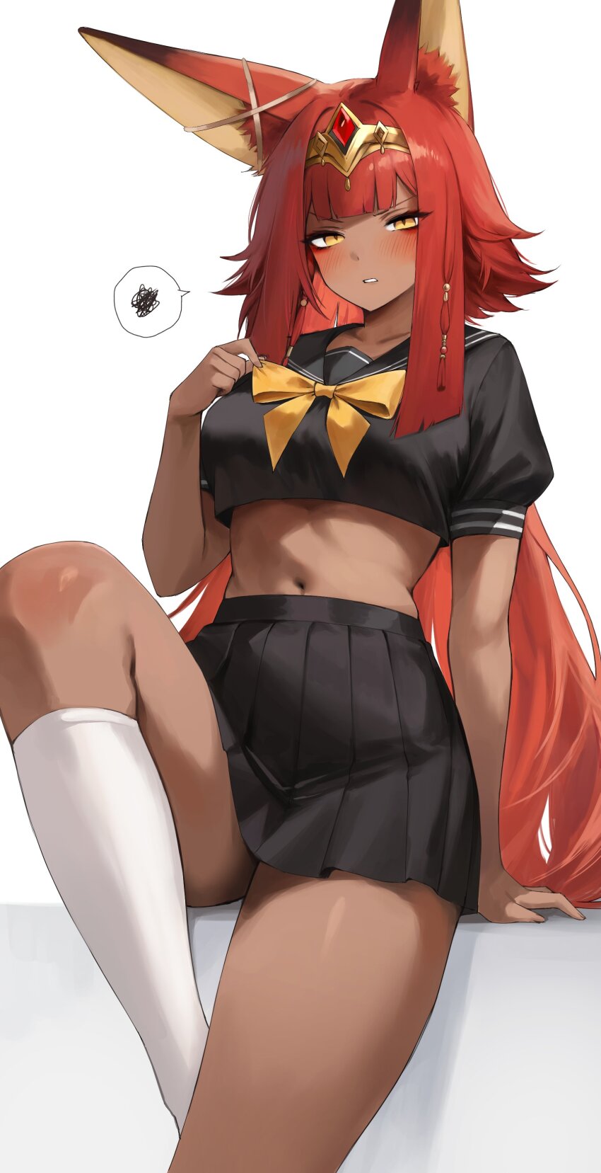1girl absurdres alternate_costume animal_ear_fluff animal_ears arm_support black_sailor_collar black_shirt black_skirt blush bow bowtie commentary cropped_shirt dark-skinned_female dark_skin deyo_(nicijyou) gem gold_hairband hairband highres indie_virtual_youtuber knee_up kneehighs long_hair looking_at_viewer midriff navel nephernya_(vtuber) parted_lips pleated_skirt red_gemstone red_hair sailor_collar second-party_source shirt short_sleeves simple_background sitting skirt socks solo spoken_squiggle squiggle very_long_hair virtual_youtuber white_background white_socks yellow_bow yellow_bowtie yellow_eyes