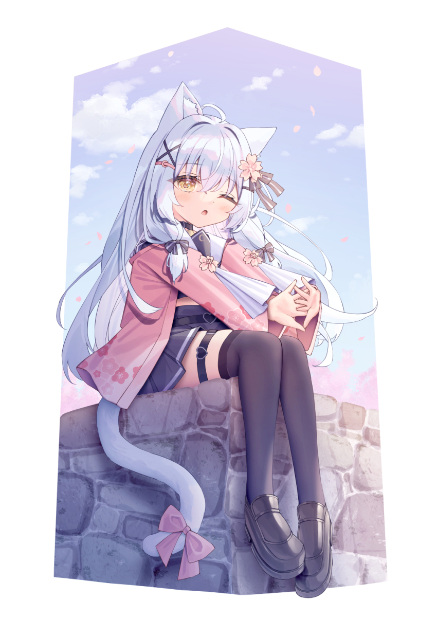 1girl ;o ahoge animal_ear_fluff animal_ears black_serafuku black_shirt black_shoes black_skirt black_thighhighs blue_sky blush cat_ears cat_girl cat_tail cloud commentary_request day flower grey_hair hair_between_eyes hair_flower hair_intakes hair_ornament heart highres interlocked_fingers jacket loafers long_hair long_sleeves looking_at_viewer one_eye_closed open_clothes open_jacket original outstretched_arms parted_lips petals pink_flower pink_jacket pleated_skirt sailor_collar satsuki_yukimi school_uniform serafuku shirt shoes sidelocks sitting skirt sky solo stone_wall stretching tail thigh_strap thighhighs very_long_hair wall white_sailor_collar wide_sleeves x_hair_ornament yellow_eyes