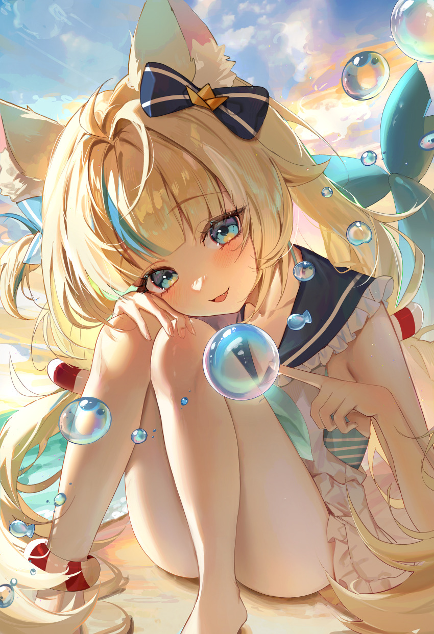 1girl absurdres ahoge animal_ear_fluff animal_ears bare_legs beach blonde_hair blue_bow blue_eyes blue_hair blue_sailor_collar blush bow bubble cat_ears commentary convenient_leg damoong dress fang fins fish_girl fish_tail frilled_dress frills hair_bow hair_ornament highres index_finger_raised indie_virtual_youtuber knees_up legs long_hair looking_at_viewer low_twintails multicolored_hair one_side_up open_mouth outdoors sailor_collar sailor_dress sameko_saba sand sitting sleeveless sleeveless_dress smile solo streaked_hair striped_clothes tail thighs twintails very_long_hair virtual_youtuber white_dress