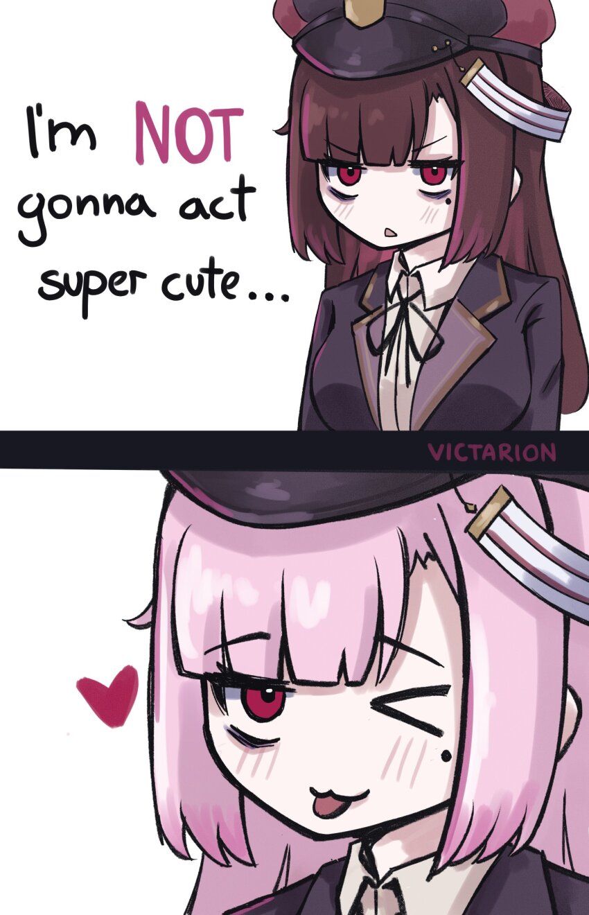 1girl banmin banmin_chan breasts brown_hair colored_skin comic eizoku_shizu eyeshadow eyeshadow_under_eye highres hime_cut large_breasts lipstick long_hair makeup military_lolita mole permabanned pink_hair red_eyes thick_thighs thighs victarionsc virtual_youtuber white_skin