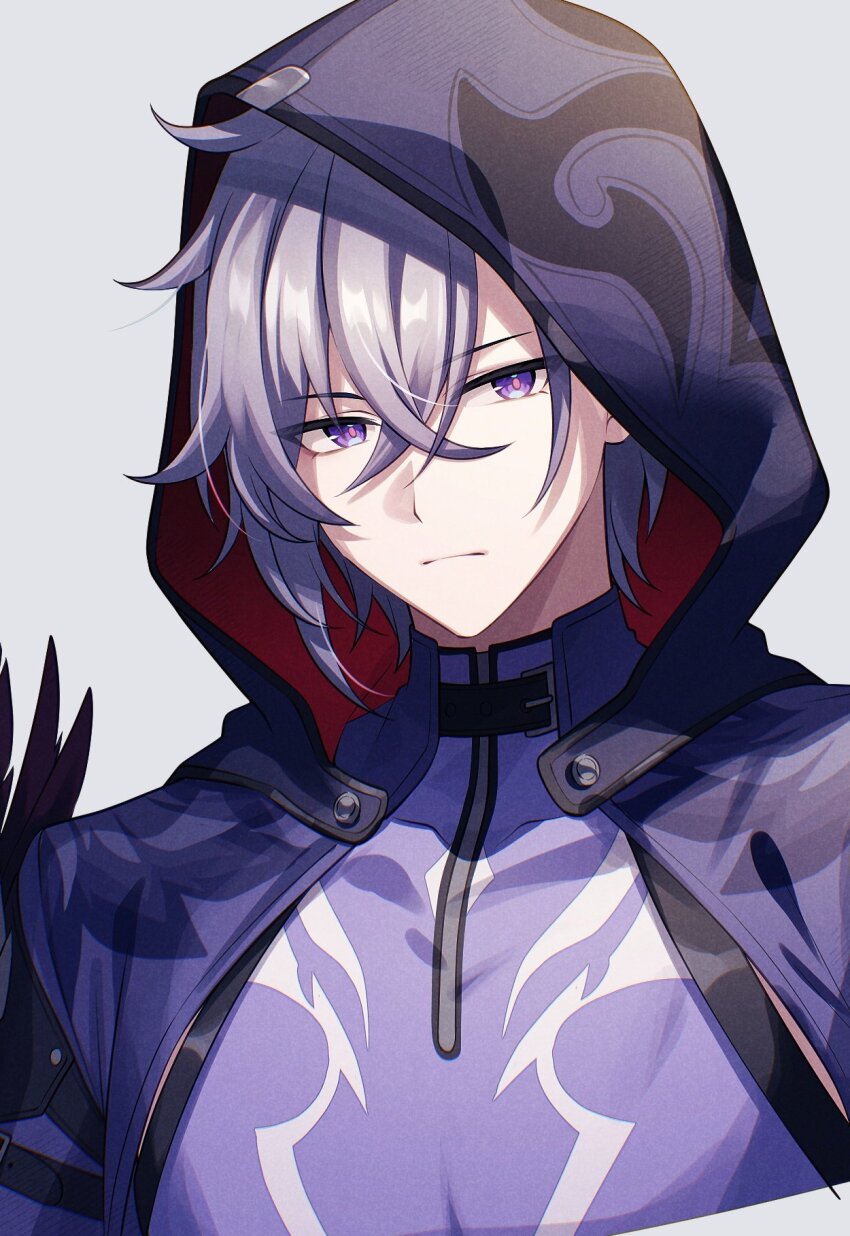 1boy closed_mouth grey_hair hair_between_eyes highres honkai:_star_rail honkai_(series) hood hood_up looking_at_viewer male_focus moze_(honkai:_star_rail) pink_pupils pochimaru_(marumaru_wanwan) purple_eyes purple_hood solo