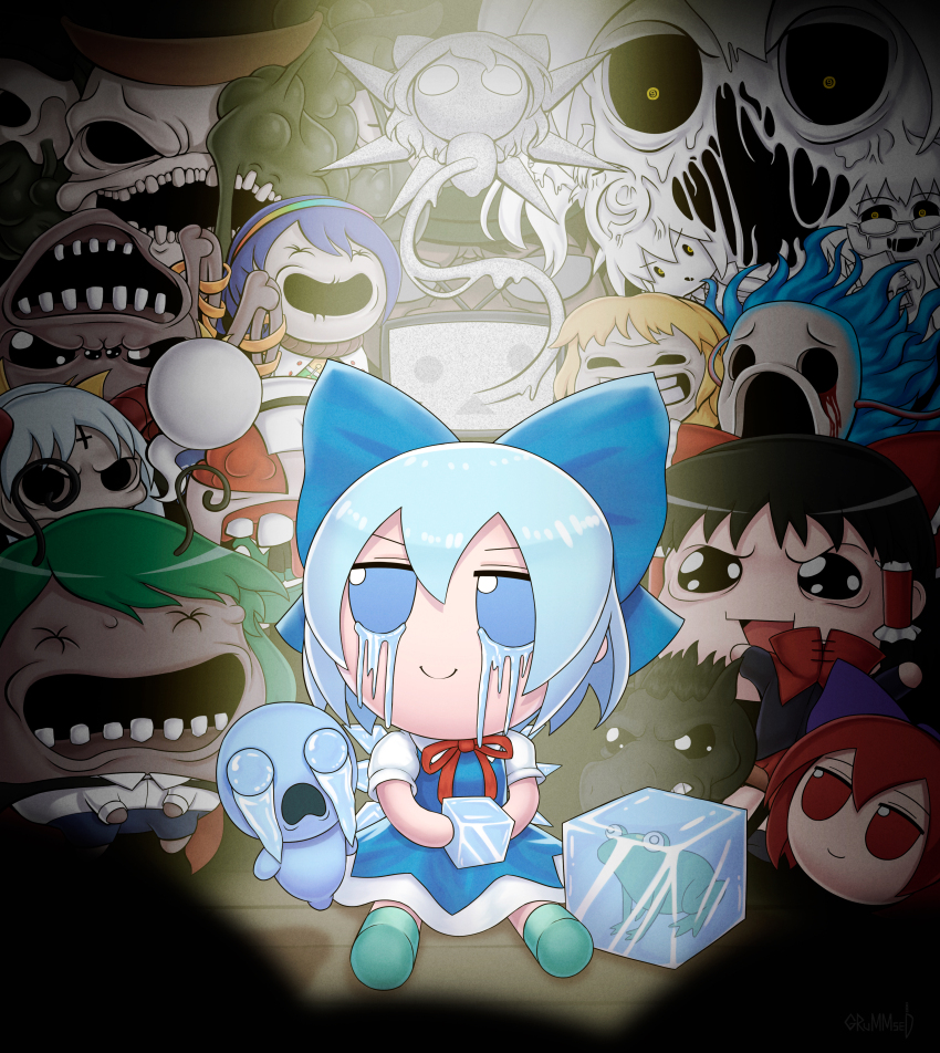 absurdres antennae black_eyes black_hair blighted_ovum_(the_binding_of_isaac) blonde_hair blood blue_bow blue_eyes blue_hair bow cirno closed_mouth commentary cosplay crossover crying crying_with_eyes_open delirium disembodied_head dogma_(the_binding_of_isaac) english_commentary envy_(the_binding_of_isaac) freezer_baby frozen_frog fumo_(doll) greed_(the_binding_of_isaac) green_hair grummsed hair_bow hair_tubes hairband hakurei_reimu hata_no_kokoro hata_no_kokoro_(cosplay) headless_horseman_(the_binding_of_isaac) highres ice ice_cube konpaku_youmu konpaku_youmu_(cosplay) konpaku_youmu_(ghost) kurodani_yamame kurodani_yamame_(cosplay) mask_of_infamy matara_okina matara_okina_(cosplay) mizuhashi_parsee mizuhashi_parsee_(cosplay) mother_(the_binding_of_isaac) open_mouth rainbow_hairband red_eyes sekibanki signature skull smile spotlight static tears teeth television tenkyuu_chimata tenkyuu_chimata_(cosplay) the_binding_of_isaac the_duke_of_flies the_lamb_(the_binding_of_isaac) touhou toutetsu_yuuma toutetsu_yuuma_(cosplay) watermark white_eyes white_hair widow_(the_binding_of_isaac) wriggle_nightbug wriggle_nightbug_(cosplay) yellow_eyes yukkuri_shiteitte_ne