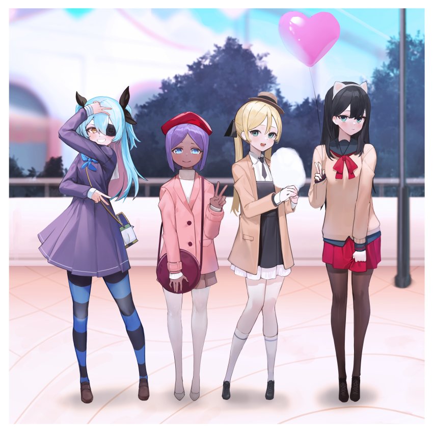 4girls absurdres alternate_costume andvari_(last_origin) animal_ears aqua_hair balloon black_hair blazer blonde_hair blue_eyes blurry blurry_background casual cat_ears children&#039;s_day coco_mercury cotton_candy dark-skinned_female dark_skin dress ellie_quickhand eyepatch food green_eyes hair_between_eyes hat highres holding holding_cotton_candy holding_food jacket jam_(nandade) last_origin looking_at_viewer lrl_(last_origin) multicolored_hair multiple_girls neckerchief necktie pantyhose pleated_skirt purple_hair red_hair ribbon sailor_dress school_uniform serafuku skirt striped_clothes striped_legwear striped_pantyhose two-tone_hair two_side_up v
