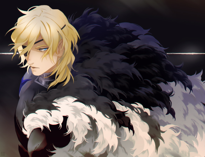 1boy armor black_armor black_fur blonde_hair blue_eyes breastplate commentary dimitri_alexandre_blaiddyd dimitri_alexandre_blaiddyd_(timeskip) english_commentary eyelashes eyepatch fire_emblem fire_emblem:_three_houses hair_behind_ear looking_to_the_side male_focus medium_hair nintendo one_eye_covered parted_lips ruebird sideways_glance solo upper_body white_fur