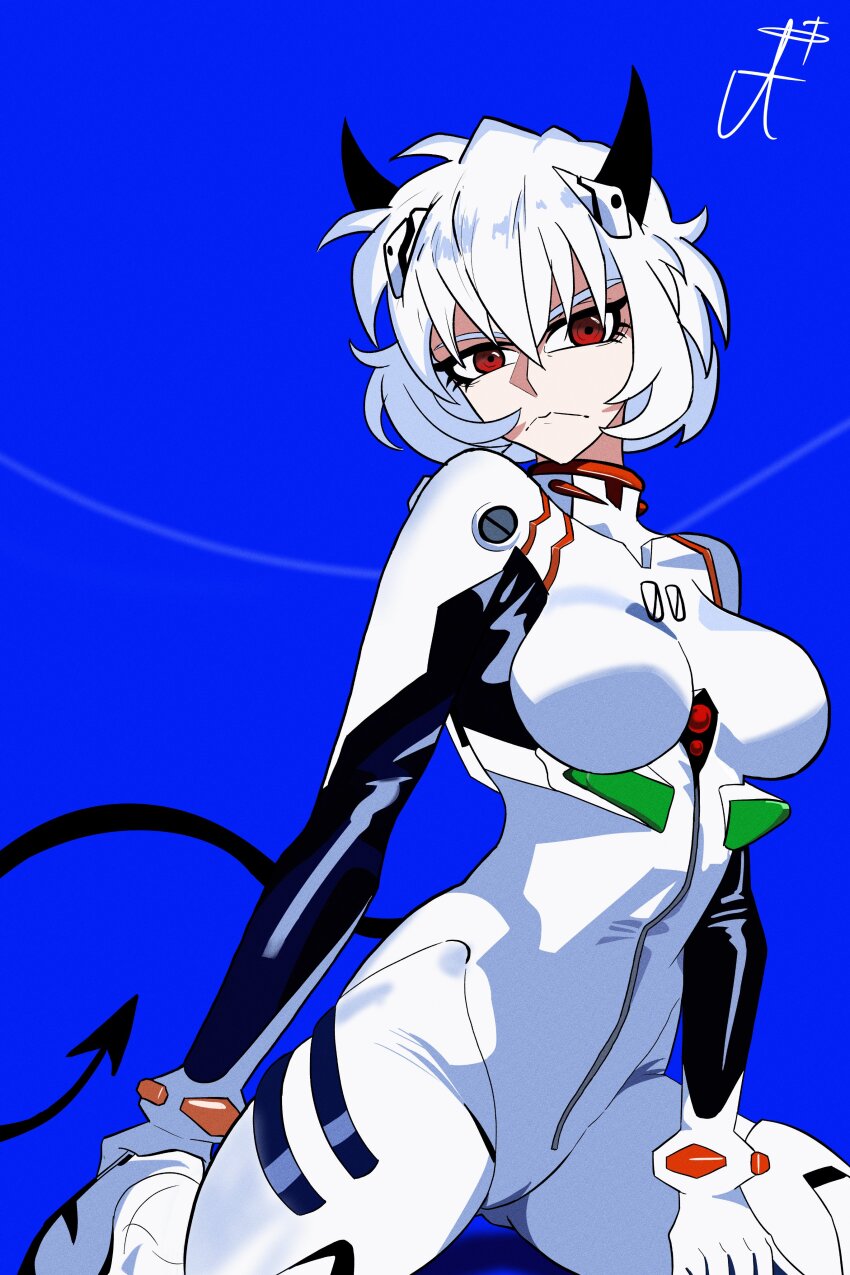 1girl absurdres angelic-night annoyed black_horns blue_background bodysuit crossover demon demon_girl demon_horns demon_tail helltaker highres horns looking_at_viewer malina_(helltaker) neon_genesis_evangelion red_eyes sitting tail wariza white_hair