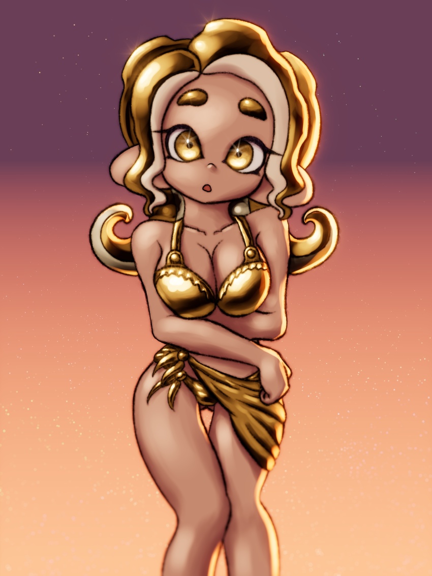 1girl bikini breasts cleavage collarbone gold_bikini gold_hair gold_sarong golden_week golden_week_bikini large_breasts long_hair looking_at_viewer nintendo octoling octoling_girl octoling_player_character octopus_girl open_mouth orange_sky pointy_ears sarong sky soandnb sparkle splatoon_(series) standing star_(sky) starry_sky suction_cups sunset swimsuit tentacle_hair yellow_eyes