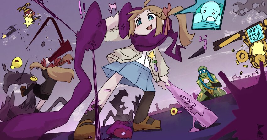 asymmetrical_legwear bandaid bandaid_on_leg black_cardigan cardigan evil_neuro-sama highres indie_virtual_youtuber leonardo_(tmnt) neuro-sama rakostep rise_of_the_teenage_mutant_ninja_turtles speech_bubble teenage_mutant_ninja_turtles uneven_legwear vedal987
