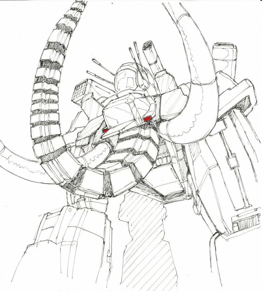 big_moth_(dancouga) choujuu_kishin_dancouga dancouga_(series) from_below highres mecha mecha_focus missile_pod no_humans non-humanoid_robot robot robot_animal science_fiction simple_background spot_color tenkiame_(qwm04lnaymk2a7e) tusks white_background