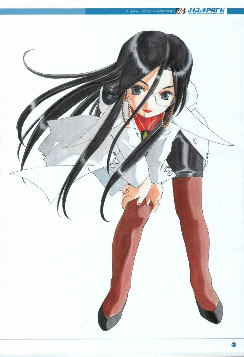 1girl absurdres artbook bent_over black_footwear black_hair button_gap buttons character_name closed_mouth collar collared_coat earrings english_text flats fujishima_kousuke grey_eyes hair_between_eyes halftone hand_on_own_knee highres hoop_earrings jewelry justice_gakuen legs_apart lipstick long_hair long_sidelocks long_sleeves looking_at_viewer makeup minazuki_kyouko mixed-language_text moire necklace numbered page_number pantyhose pink_nails red_lips red_sweater rimless_eyewear scan shiritsu_justice_gakuen smile solo standing straight_hair sweater very_long_hair very_long_sidelocks white_background white_collar white_sleeves