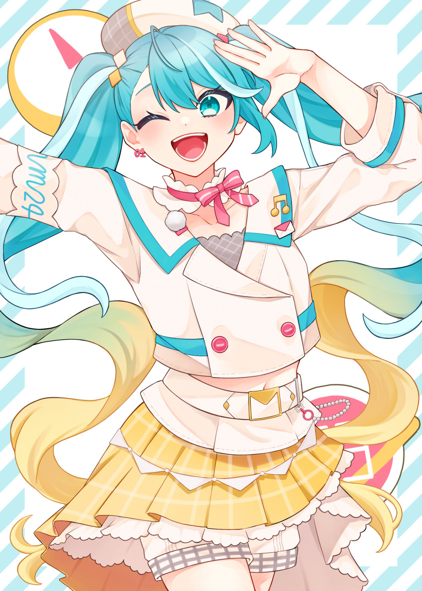 absurdres arm_up beret blonde_hair blush bow collarbone cropped_jacket diamond_(shape) diamond_hair_ornament gradient_hair hat hatsune_miku highres jacket kogemu_(kgm_3) long_hair long_sleeves looking_at_viewer magical_mirai_(vocaloid) magical_mirai_miku magical_mirai_miku_(2024) midriff multicolored_hair musical_note musical_note_ornament navel number_earrings official_alternate_costume official_alternate_hairstyle open_mouth pink_bow plaid_clothes plaid_skirt pleated_skirt shorts shorts_under_skirt skirt smile twintails very_long_hair vocaloid white_hat white_jacket yellow_skirt