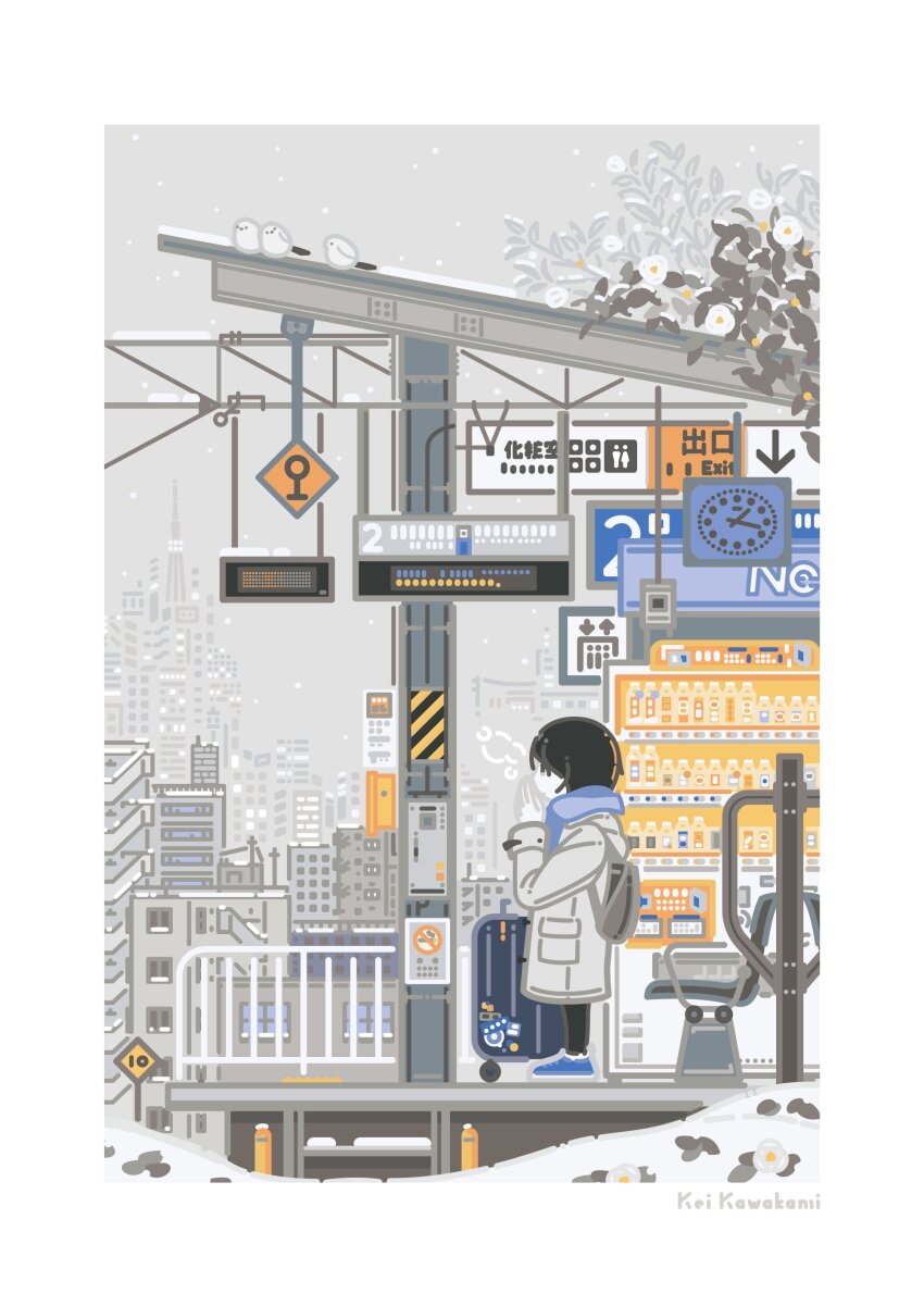 1girl absurdres artist_name bird black_hair black_pants blue_shoes coat day highres kei_kawakami original outdoors pants shoes short_hair sneakers snow snowing solo suitcase train_station_platform