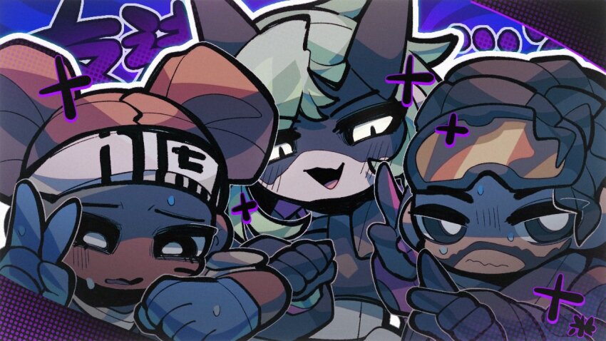 1boy 2girls alter_(apex_legends) animification apex_legends black_eyes black_gloves blue_gloves bright_pupils brown_hair double_bun earpiece facial_hair gloves goatee goggles goggles_on_head green_hair grey_eyes hair_bun headband horns lifeline_(apex_legends) looking_at_viewer looking_down mechanical_horns mirage_(apex_legends) multiple_girls pointing rice_sugois scared short_hair smile sweat v wavy_mouth white_eyes white_headband white_pupils