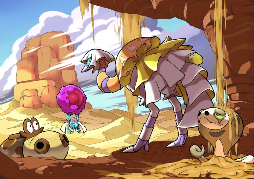 boulder cloud colored_sclera desert espathra gen_4_pokemon gen_8_pokemon green_sclera highres hippopotas hippopotas_(male) looking_at_another nintendo no_humans outdoors pokemon pokemon_(creature) q-chan rabsca rock sand shade silicobra