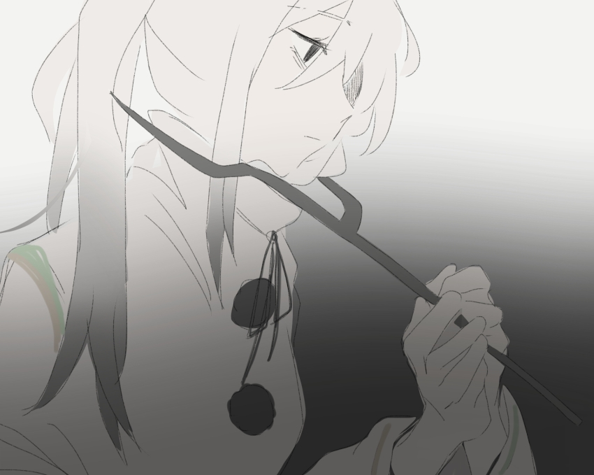 1girl bags_under_eyes closed_mouth detached_sleeves expressionless eyelashes from_side gradient_background grey_background greyscale hair_between_eyes hair_over_shoulder highres holding holding_pitchfork japanese_clothes kariginu kusa-d long_hair long_sleeves looking_ahead monochrome mononobe_no_futo neck_ribbon pitchfork pom_pom_(clothes) ponytail ribbon solo touhou turtleneck upper_body weapon_to_neck wide_sleeves
