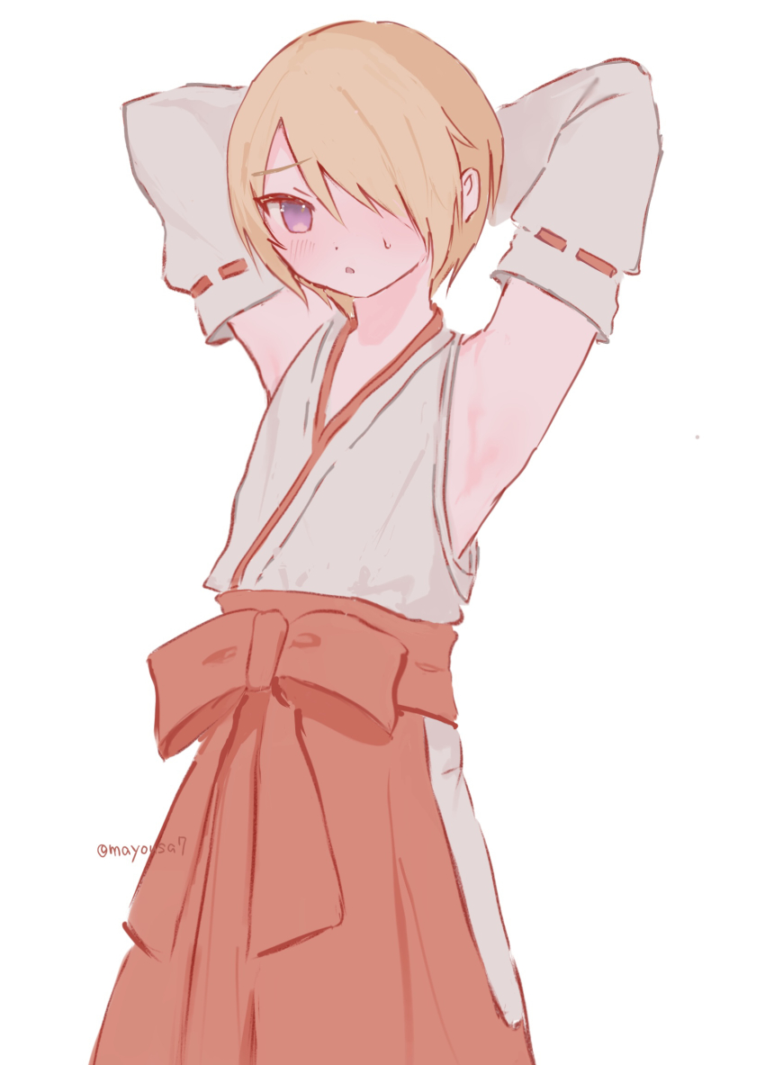 1boy amemiya_shirone armpits arms_behind_head artist_name blonde_hair bow crossdressing detached_sleeves hair_over_one_eye hakama highres japanese_clothes looking_at_viewer miko nontraditional_miko obi original purple_eyes sash standing sweat trap white_background
