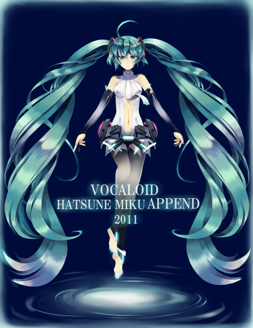 1girl ahoge aqua_eyes aqua_hair barefoot elbow_gloves female_focus gloves hatsune_miku hatsune_miku_(append) highres long_hair navel necktie neko_(natsuiroclassic) solo toeless_legwear twintails very_long_hair vocaloid vocaloid_append