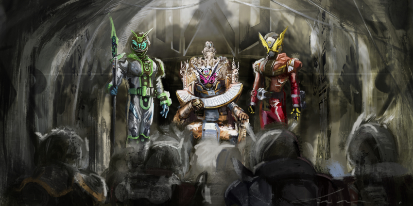6+boys absurdres armor axe beyondriver gold_armor heisei highres kamen_rider kamen_rider_agito kamen_rider_agito_(series) kamen_rider_build kamen_rider_geiz kamen_rider_ooo kamen_rider_ooo_(series) kamen_rider_ryuki kamen_rider_ryuki_(series) kamen_rider_woz kamen_rider_zi-o kamen_rider_zi-o_(series) kamen_rider_zi-o_ouma kamen_rider_zi-o_the_movie:over_quartzer katakana kneeling multiple_boys official_style polearm rabbit+tank_form red_armor spear tatoba_(ooo_combo) throne weapon yygnzm ziku_driver