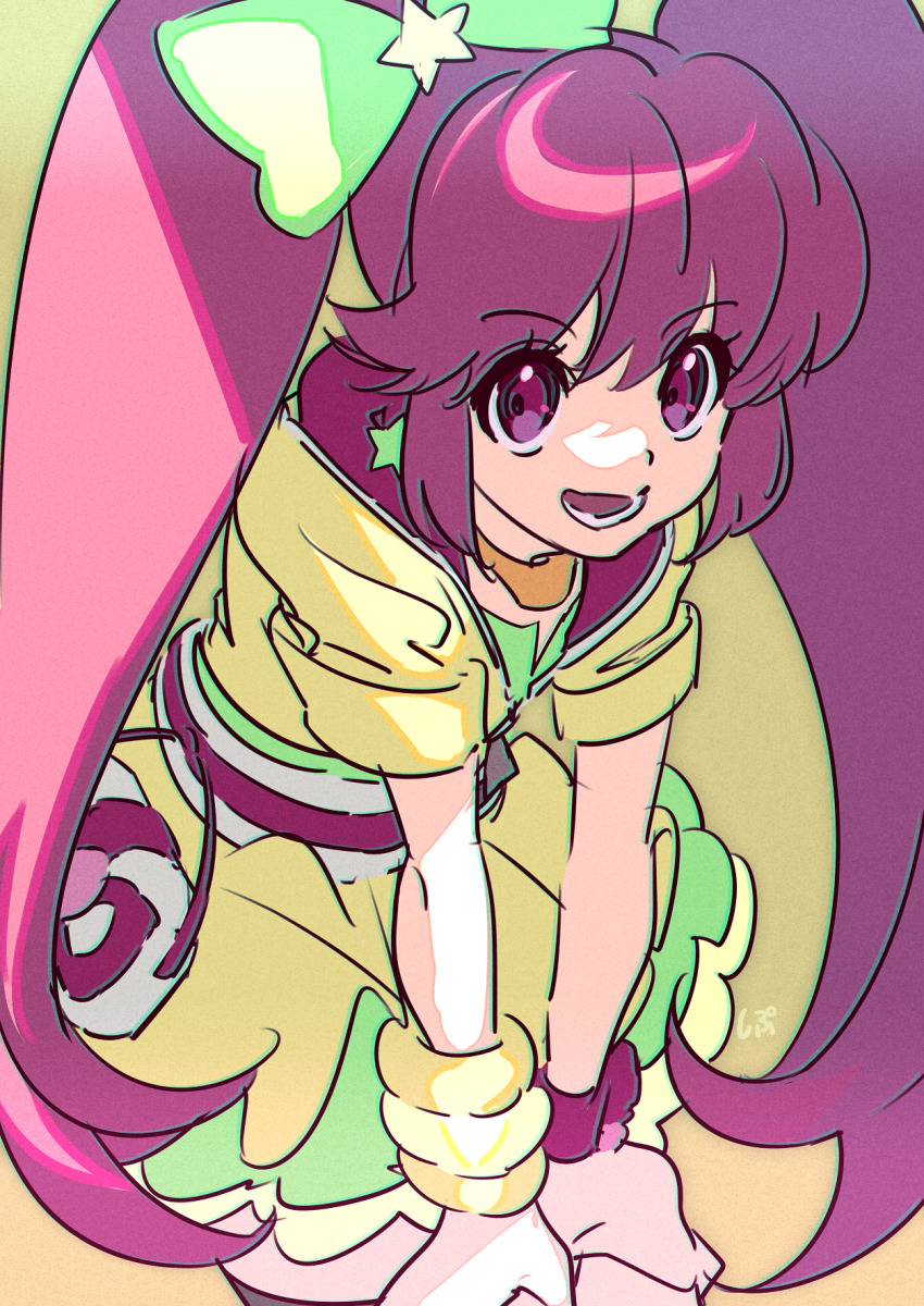 1girl aino_megumi bow cowboy_shot cure_lovely cure_lovely_(lollipop_hip_hop) dress earrings eyelashes frilled_skirt frills gold_necklace green_background green_bow green_skirt hair_between_eyes hair_bow hair_ornament hands_on_own_thighs happinesscharge_precure! happy heart highres hood hood_down hooded_dress jewelry leaning_forward long_hair lower_teeth_only magical_girl miniskirt necklace official_alternate_costume open_mouth pink_eyes pink_hair pink_hood pleated_skirt precure shipu_(gassyumaron) short_dress short_sleeves simple_background skirt skirt_under_dress sleeve_cuffs smile solo star_(symbol) star_earrings star_hair_ornament tareme teeth twintails very_long_hair waist_bag watch white_bag wristband wristwatch yellow_dress zipper_pull_tab