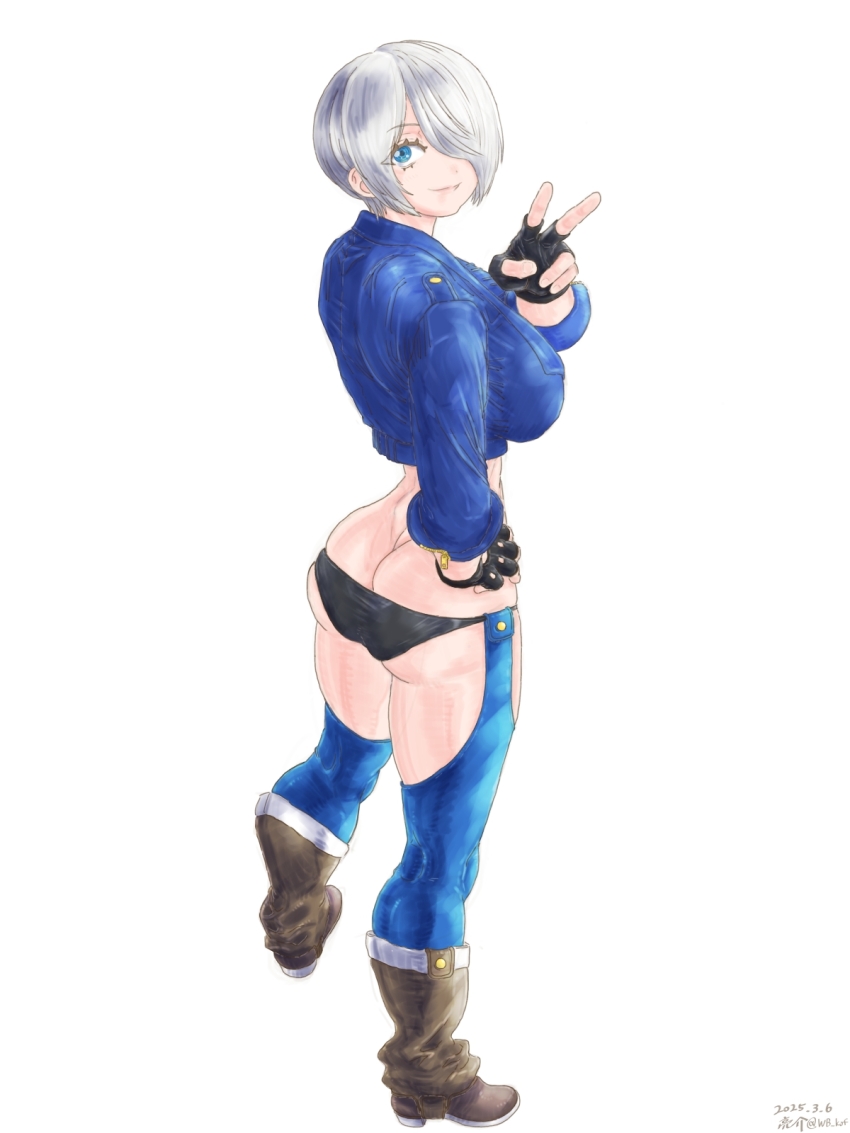 1girl angel_(kof) ass blue_eyes boots breasts butt_crack female_focus from_behind gloves grabbing_own_ass huge_breasts jacket large_breasts latex leather leather_jacket looking_at_viewer looking_back pale_skin panties short_hair smile smiley_face standing the_king_of_fighters thighs tight_clothes underwear wb_kof wbkof white_hair