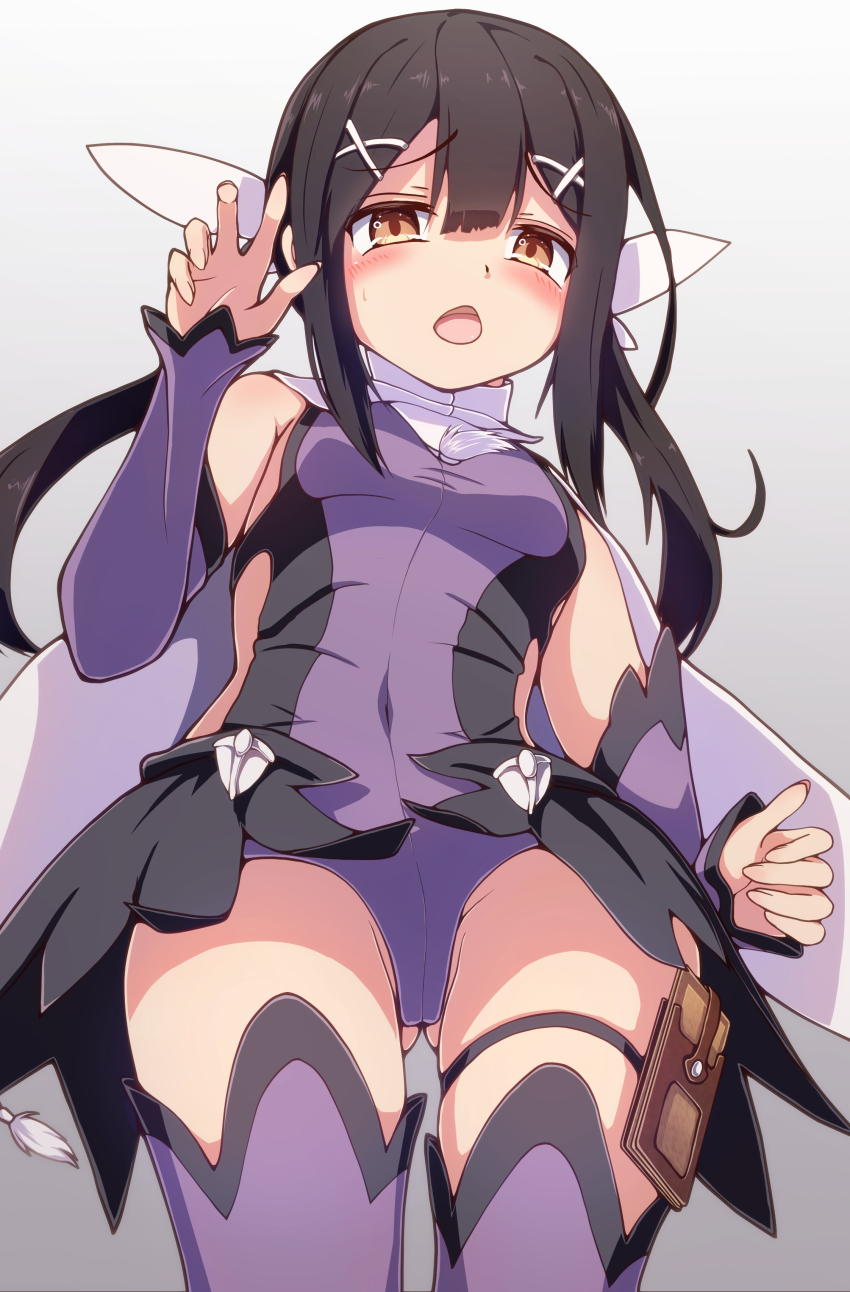 1girl absurdres bare_shoulders black_hair blush breasts brown_eyes cape detached_sleeves fate/kaleid_liner_prisma_illya fate_(series) feather_hair_ornament feathers hair_ornament hairclip highres leotard long_hair looking_at_viewer miyu_edelfelt miyu_edelfelt_(magical_girl) open_mouth peisuto purple_leotard purple_sleeves purple_thighhighs sidelocks small_breasts solo thighhighs thighs twintails white_cape