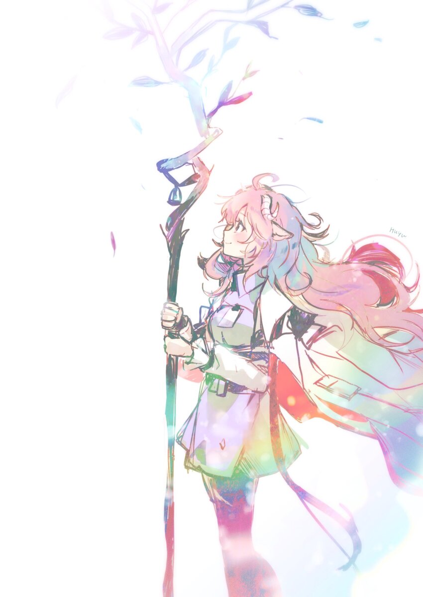 1girl animal_ears arknights blush closed_mouth eyjafjalla_(arknights) highres holding holding_staff horns jacket lens_flare long_hair long_sleeves looking_afar sheep_ears sheep_girl smile staff very_long_hair wed_(lim38869577) white_background