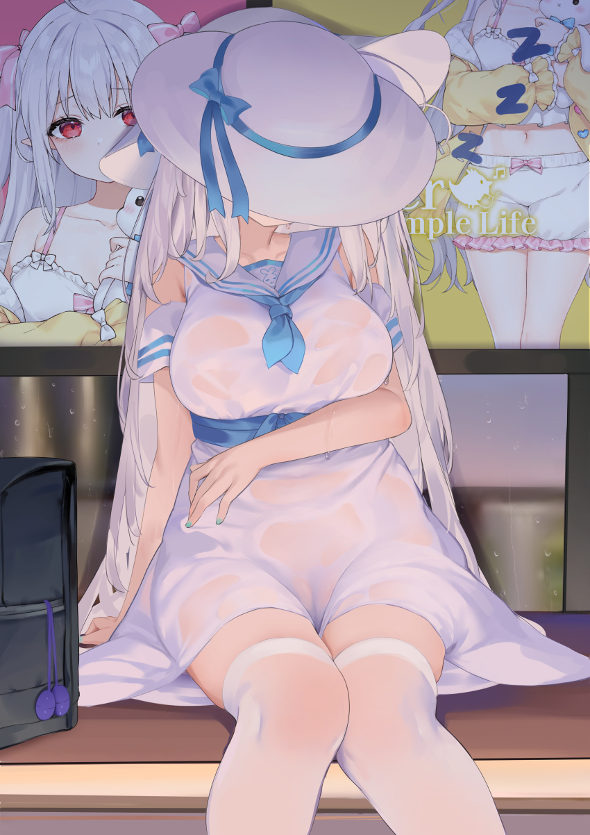 1girl absurdres black_bag breasts commentary_request dress hat highres large_breasts long_hair niliu_chahui on_bench original sailor_collar see-through_clothes see-through_dress sitting sleeping solo thighhighs thighs white_dress white_hair white_hat white_sailor_collar white_thighhighs zettai_ryouiki zzz