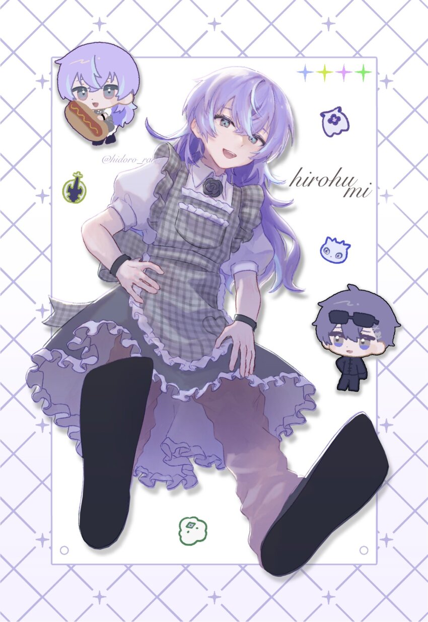 2boys :d apron back_bow black_flower black_gloves black_pants black_rose black_shirt black_shoes blue_skirt border bow character_name chibi collared_shirt crossdressing crossed_bangs dot_nose drop_shadow eyewear_on_head flower food frilled_apron frilled_skirt frills from_below gingham_apron gloves gradient_border green_eyes grey_apron grey_eyes grey_pants grid_border hair_between_eyes hair_ornament hand_on_own_hip hashtag-only_commentary heart_pockets hidoro_rara highres holding holding_food hoshirube_sho hot_dog koyanagi_rou long_bangs long_hair looking_at_viewer male_focus medium_skirt multiple_boys multiple_views neck_flower nijisanji open_mouth otomo_(hoshirube_sho) otomo_(koyanagi_rou) oversized_food oversized_object pants puffy_short_sleeves puffy_sleeves purple_border purple_hair rose shirt shoes short_hair short_sleeves skirt smile sunglasses teeth twitter_username upper_teeth_only very_short_hair virtual_youtuber white_background white_shirt wristband x_hair_ornament