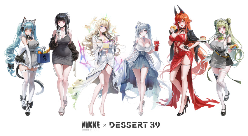 6+girls :d absurdres animal_ears antenna_hair apron aqua_hair arm_tattoo ascot bag barcode barcode_tattoo bare_shoulders barefoot bell between_breasts black_bow black_bra black_cardigan black_choker black_dress black_gloves black_hair black_jacket black_mask black_nails black_shoes blonde_hair blue_eyes blunt_bangs blush bow bra bra_peek bread breast_tattoo breasts butterfly_tattoo cake cake_slice cardigan cat_ears cat_tail choker cinderella_(glass_princess)_(nikke) cinderella_(nikke) cleavage closed_mouth clothes_lift clothing_cutout collarbone commentary_request copyright_name covered_navel crossed_bangs crown crown_(naked_king)_(nikke) crown_(nikke) cup d_(killer_wife)_(nikke) d_(nikke) detached_collar detached_sleeves disembodied_hand disposable_coffee_cup disposable_cup dongtan_dress donut double-parted_bangs dress dress_lift drill_hair elbow_gloves evening_gown fake_tail fang fingerless_gloves food fork frown full_body glass_slipper gloves goddess_of_victory:_nikke green_ascot green_hair grey_apron grey_dress hair_between_eyes hair_bow hair_flaps hair_intakes hair_ornament hair_over_one_eye hairclip hand_on_own_hip heart heart_antenna_hair heart_necklace high_heels highres hip_vent holding holding_bag holding_cup holding_donut holding_food holding_fork holding_plate horns jacket jacket_on_shoulders jewelry large_breasts long_hair looking_at_viewer macaron maid maid_apron maid_headdress mary_janes mask_pull mechanical_horns meme_attire meoyo mini_crown mole mole_on_breast multiple_girls naked_robe navel navel_cutout neck_bell necklace off_shoulder official_alternate_costume official_art open_mouth paw_hair_ornament pencil_dress plate pleated_dress privaty_(nikke) privaty_(unkind_maid)_(nikke) puffy_detached_sleeves puffy_sleeves purple_eyes red_dress red_eyes red_hair red_hood_(nikke) red_hood_(nonsense_red)_(nikke) robe see-through_clothes see-through_dress see-through_footwear shoes sidelocks simple_background skin_fang skindentation sleeveless sleeveless_dress smile soda_(nikke) sparkle_hair_ornament standing star_(symbol) star_hair_ornament stomach strap_between_breasts sweat tail tattoo thigh_strap thighhighs twin_drills twintails underwear very_long_hair white_background white_choker white_dress white_gloves white_hair white_headdress white_robe white_thighhighs yellow_eyes zettai_ryouiki