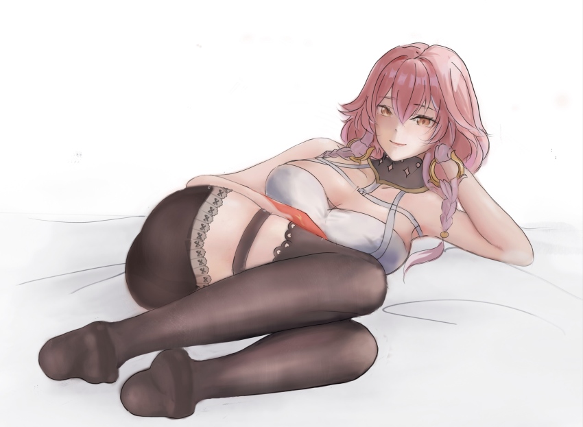 1girl absurdres black_thighhighs bohanqinyitou braid breasts changli_(wuthering_waves) cleavage feet full_body highres large_breasts legs long_hair looking_at_viewer lying no_shoes on_side pink_hair simple_background smile solo thighhighs white_background wuthering_waves