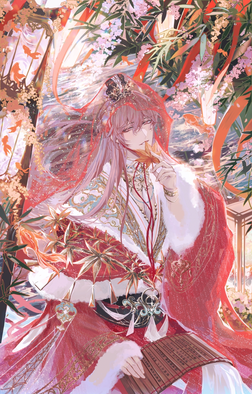 1boy absurdres aqua_robe bamboo bamboo_print bamboo_slips bead_necklace beads black_sash bracelet brown_hair chinese_clothes cloud_print code:_kite collar feet_out_of_frame fish fur-trimmed_sleeves fur_trim goldfish hair_between_eyes hanfu highres holding holding_leaf jade_(gemstone) jewelry lantern leaf long_hair long_sleeves looking_at_viewer male_focus maple_leaf mole mole_under_eye neck_tassel necklace parted_lips pink_eyes red_robe red_veil robe sash sidelocks sitting sleeves_past_wrists smile snow234 solo tassel veil water wide_sleeves xiao_guan_(headdress) yuan_ji_(code:_kite)