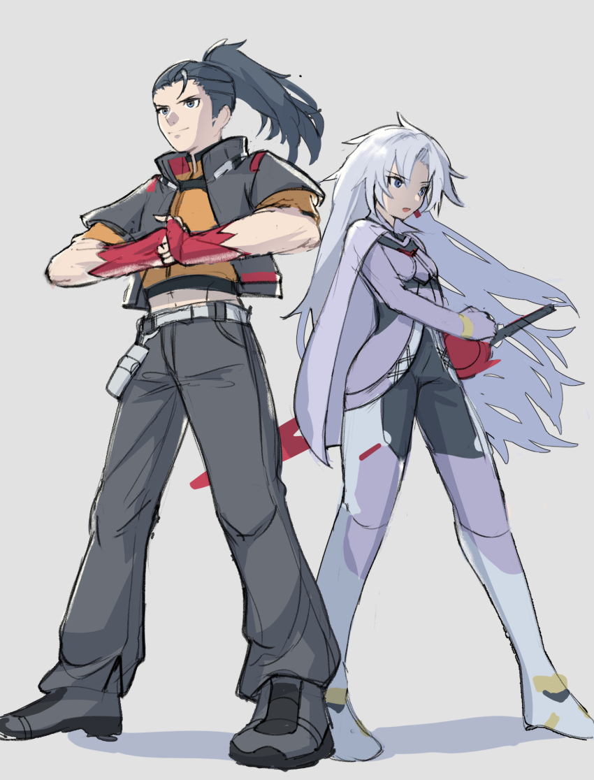 1boy 1girl a_(xenoblade) armored_bodysuit arms_behind_back cape collared_cape core_crystal_(xenoblade) curtained_hair earrings grey_cape hair_intakes highres in_locker jewelry matthew_(xenoblade) medaman messy_hair monado pants single_earring tight_clothes tight_pants xenoblade_chronicles_(series) xenoblade_chronicles_3 xenoblade_chronicles_3:_future_redeemed