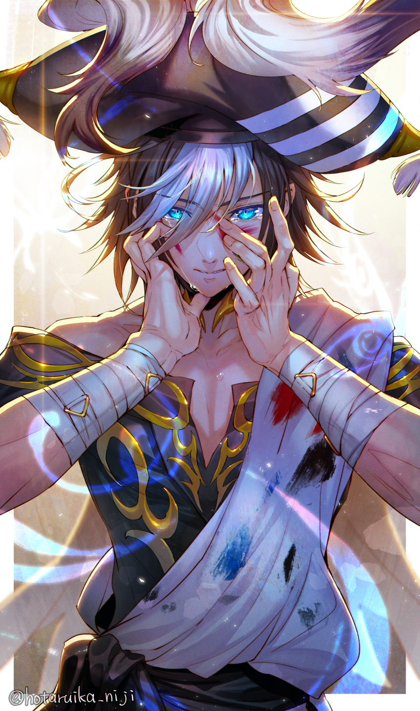 1boy absurdres baalzephon_(megido72) bandaged_arm bandages black_hair black_hat blood blood_on_face blue_eyes collarbone crying glowing glowing_eyes gold_trim hat highres hotaruika_niji long_hair looking_at_viewer megido72 multicolored_hair muscular muscular_male shirt solo tears twitter_username upper_body very_long_hair white_hair