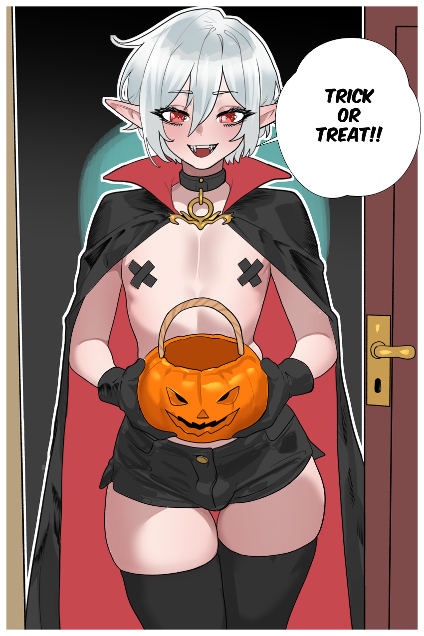 1boy absurdres black_background black_cape black_collar black_gloves black_shorts black_thighhighs bucket bulge button cape collar collared_cape commentary cowboy_shot cross cross_pasties crossdressing crossdressing_(mtf) door door_handle doorway dot_nose english_commentary english_text fangs gloves grey_hair hair_between_eyes halloween halloween_bucket halloween_costume heart heart-shaped_pupils highres holding holding_bucket jack-o&#039;-lantern jewelry kanoji_(ni_kanojo) keyhole looking_at_viewer male_focus medium_hair open_door open_mouth original pasties pendant pointy_ears red_eyes short_hair short_shorts shorts side_ahoge simple_background solo speech_bubble standing straight-on symbol-shaped_pupils tape tape_on_nipples thick_thighs thighhighs thighs topless_male trap trick_or_treat tsurime vampire vampire_costume zettai_ryouiki