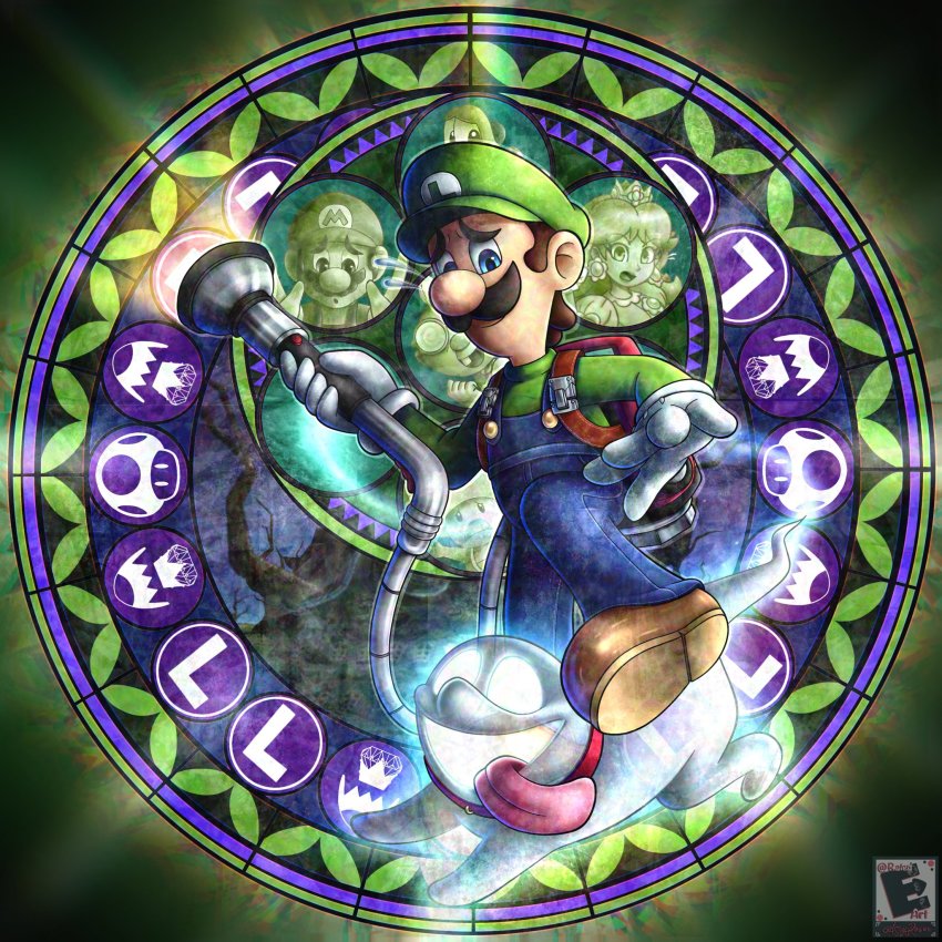 1boy amyroser blue_eyes brown_hair dive_to_the_heart dog facial_hair ghost gloves green_headwear green_shirt highres holding kingdom_hearts looking_down luigi luigi&#039;s_mansion male_focus mario mario_(series) mustache nintendo open_hand overalls parody poltergust_g-00 polterpup princess_daisy professor_elvin_gadd shirt stained_glass super_mushroom super_smash_bros. toad_(mario) white_gloves worried yoshi