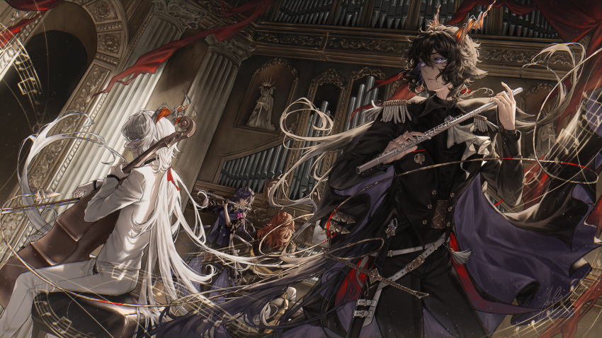 1girl 3boys animal_ears antlers arch arknights ascot belt black_cape black_coat black_footwear black_hair black_jacket black_necktie black_skirt black_suit boots braid cape cello closed_mouth coat collared_shirt cowboy_shot czerny_(arknights) deer_antlers deer_boy deer_ears ebenholz_(arknights) epaulettes facing_away feet_out_of_frame finger_cots flower flute formal_clothes goat_boy goat_ears goat_horns hair_between_eyes hair_ribbon hibiscus_(arknights) hibiscus_the_purifier_(arknights) highres holding holding_instrument horns instrument jacket kreide_(arknights) long_hair long_sleeves looking_at_another looking_back low-braided_long_hair low-tied_long_hair low_ponytail lux_arts multiple_boys music musical_note necktie open_clothes open_coat organ_(instrument) pants pantyhose parted_bangs parted_lips piano_bench pillar pink_flower pipe_organ playing_instrument playing_piano pointy_ears ponytail profile purple_eyes purple_hair purple_shirt red_ribbon ribbon sheath sheathed shirt sitting skirt standing statue stool suit sword thigh_boots very_long_hair weapon white_ascot white_belt white_hair white_jacket white_pants white_suit
