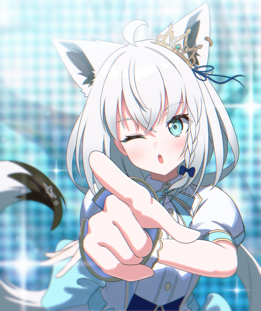 1girl ;o ahoge animal_ear_piercing animal_ears aqua_bow aqua_eyes aqua_ribbon back_bow blue_corset blurry blurry_background bow braid collared_shirt commentary corset crossed_bangs double-parted_bangs dress_shirt extra_ears fox_ears fox_girl fox_tail gold_trim hair_between_eyes highres hololive hololive_idol_uniform_(bright) idol_clothes jacket kumarang large_bow long_hair looking_at_viewer low_ponytail neck_ribbon official_alternate_costume one_eye_closed pentagram pointing pointing_at_viewer ponytail puffy_short_sleeves puffy_sleeves ribbon shirakami_fubuki shirt short-sleeved_jacket short_sleeves side_braid single_braid solo straight-on tail teeth tiara tilted_headwear upper_body upper_teeth_only virtual_youtuber white_hair white_jacket white_shirt