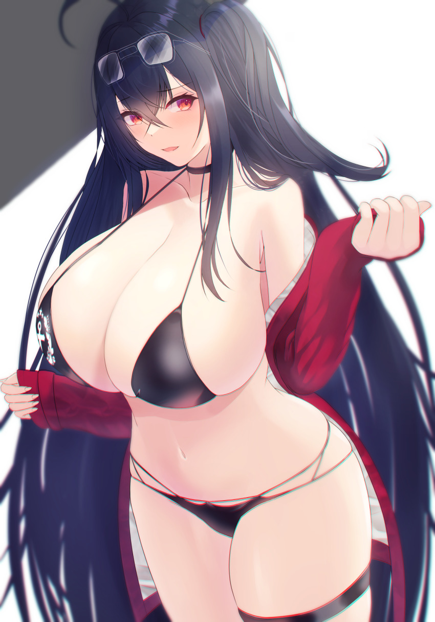 1girl azur_lane bare_shoulders bikini black_bikini black_choker black_hair black_thighhighs breasts choker chromatic_aberration cleavage cowboy_shot hair_between_eyes highres huge_breasts jacket long_hair looking_at_viewer multi-strapped_bikini_bottom official_alternate_costume red_eyes red_jacket simple_background solo swimsuit taihou_(azur_lane) taihou_(enraptured_companion)_(azur_lane) tako-san_wiener_(takosanuma) thigh_strap thighhighs very_long_hair white_background