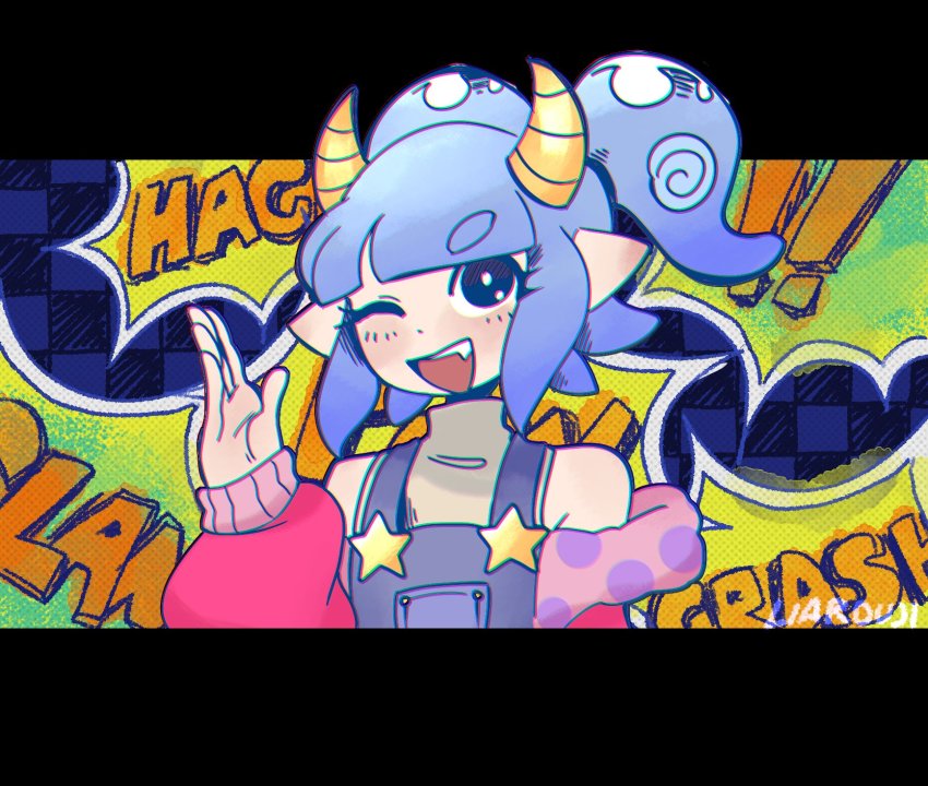 1girl blue_eyes blue_hair hackerling highres horns indie_virtual_youtuber lia_rouji looking_at_viewer one_eye_closed overalls pale_skin pointy_ears solo star_(symbol) virtual_youtuber