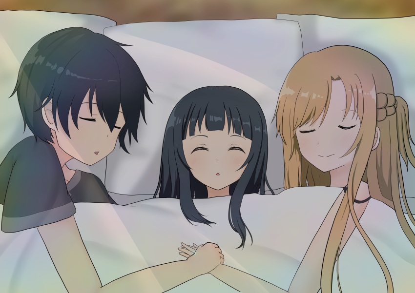 1boy absurdres asuna_(sao) dappled_sunlight family hand_on_another&#039;s_hand highres holding_hands kirito sunlight sword_art_online tanaka_yuu_(tanaka_yu0828) under_covers yui_(sao)