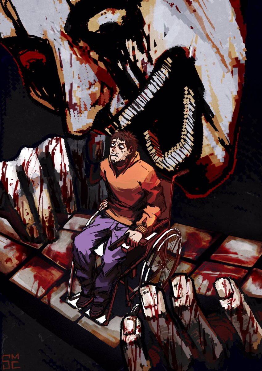 2boys bags_under_eyes blood blood_on_hands bloody_tears brown_hair constricted_pupils cry_of_fear dual_persona facial_hair goatee_stubble gun handgun highres holding holding_gun holding_weapon hood hood_down hoodie knees_apart_feet_together looking_at_another messy_hair multiple_boys nervous_sweating open_mouth orange_hoodie short_hair simon_henriksson simon_henriksson_(book) sitting size_difference soff_mc stubble sweat teeth upper_teeth_only weapon wheelchair wide-eyed