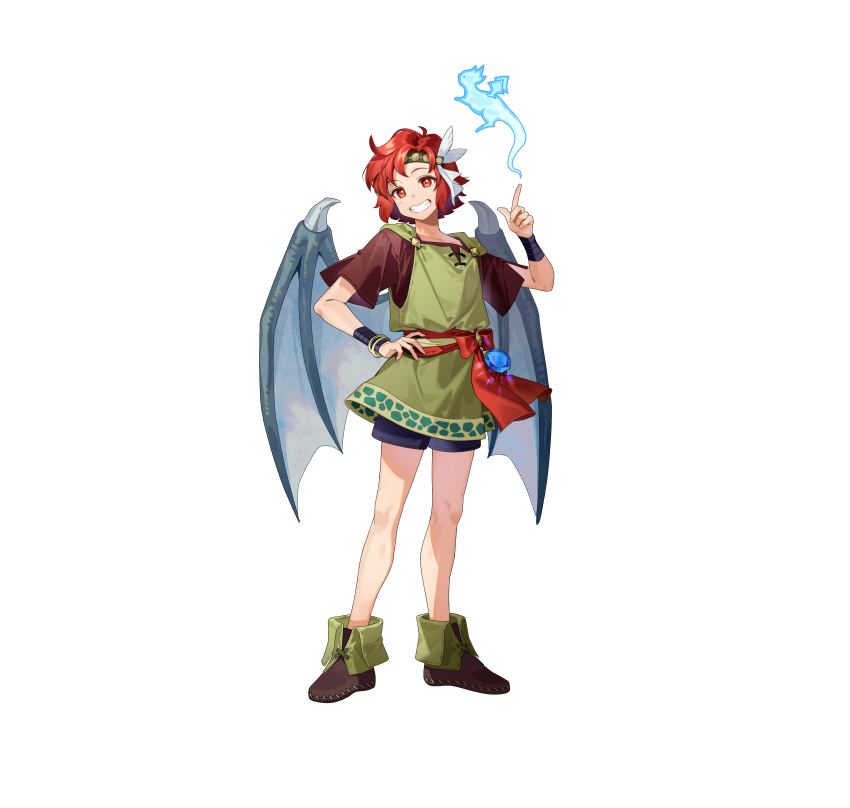 1boy absurdres aged_down commentary_request dragon_boy dragon_wings dragonstone feather_hair_ornament feathers fire_emblem fire_emblem:_mystery_of_the_emblem fire_emblem_heroes full_body grin hair_ornament hanada_09 headband highres looking_at_viewer nintendo official_art red_eyes red_hair short_hair simple_background smile solo standing white_background wings wristband xane_(fickle_dragon)_(fire_emblem) xane_(fire_emblem)