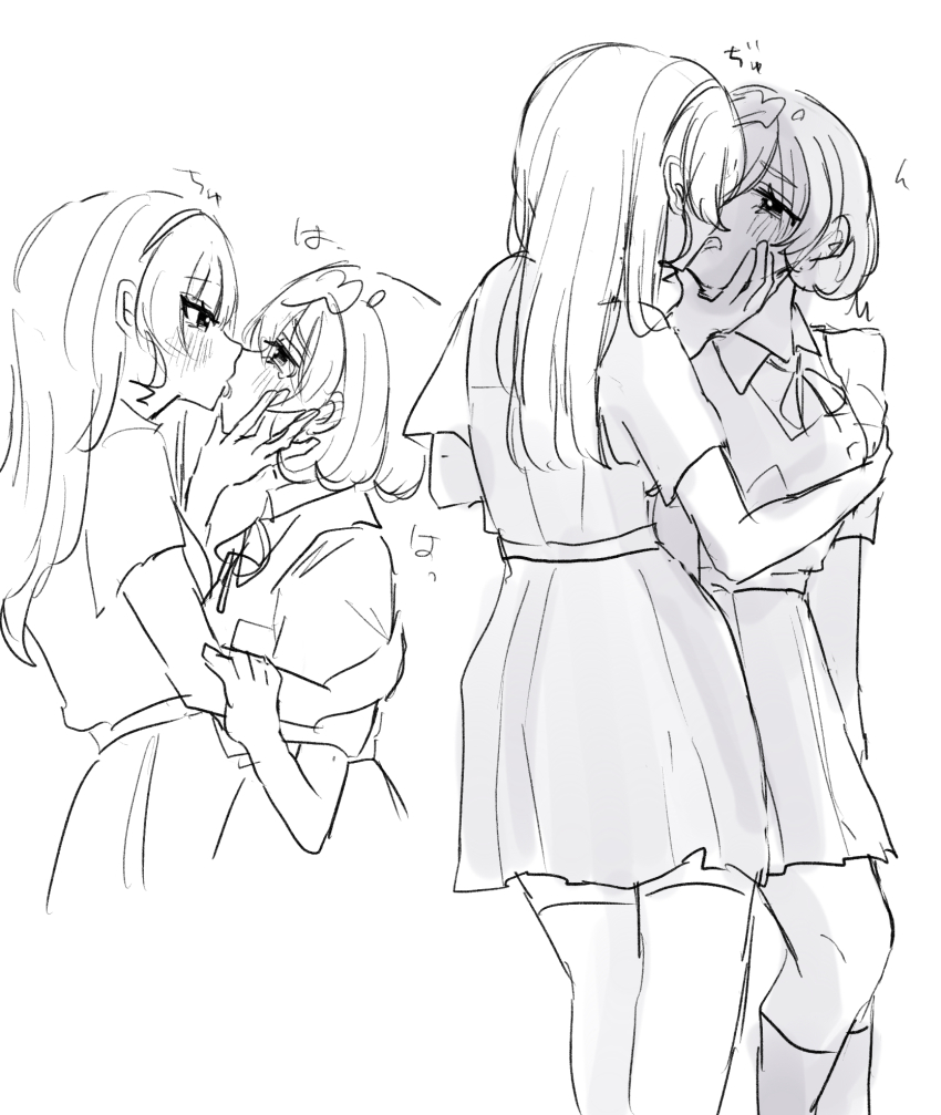 2girls blush collared_shirt commentary_request dress french_kiss greyscale hand_on_another&#039;s_face heanna_sumire highres kiss kneehighs long_hair love_live! love_live!_superstar!! monochrome multiple_girls nyako_(2446_ny) pinafore_dress school_uniform shirt short_hair short_sleeves sleeveless sleeveless_dress socks tang_keke thighhighs yuigaoka_school_uniform yuri