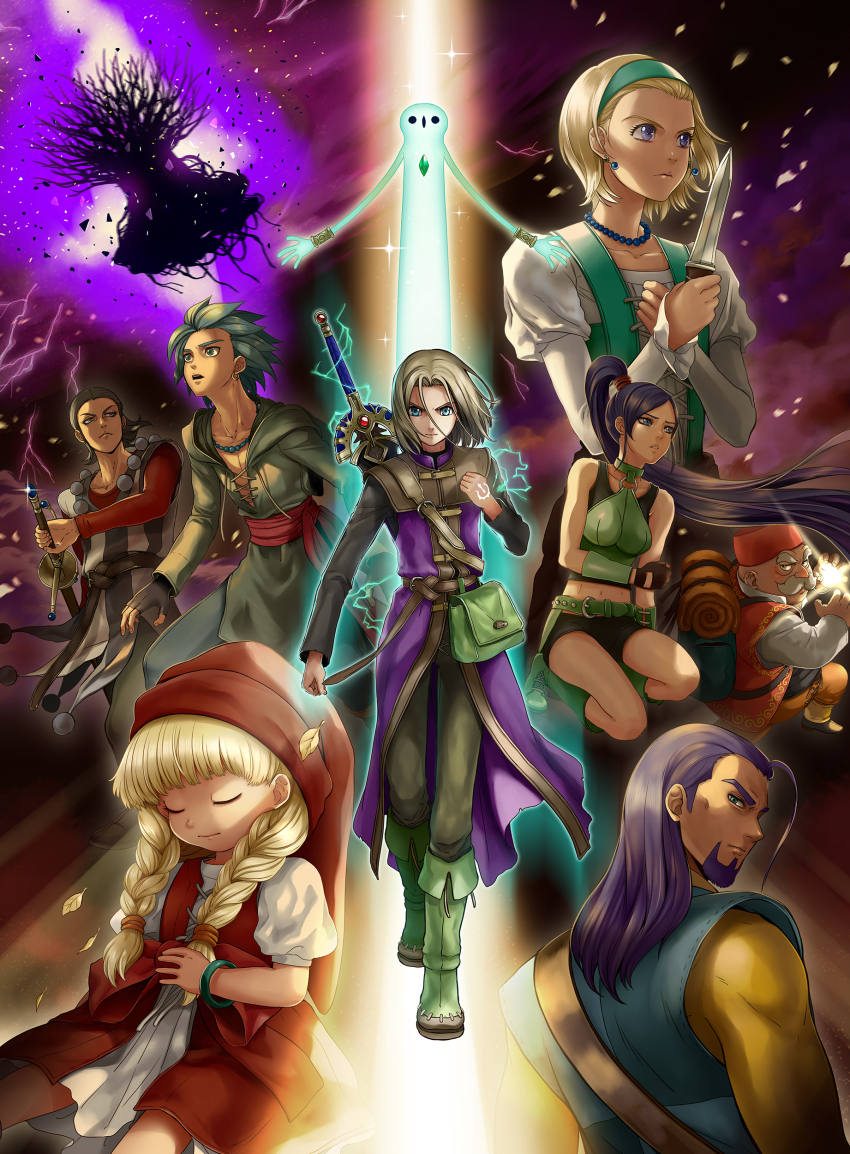absurdres camus_(dq11) closed_eyes dragon_quest dragon_quest_xi electricity greig_(dq11) hero_(dq11) highres kanikajika knife lightning looking_back magic martina_(dq11) multiple_boys multiple_girls row_(dq11) senya_(dq11) sitting spirit square_enix standing sword sword_on_back sylvia_(dq11) tree veronica_(dq11) weapon weapon_on_back worried