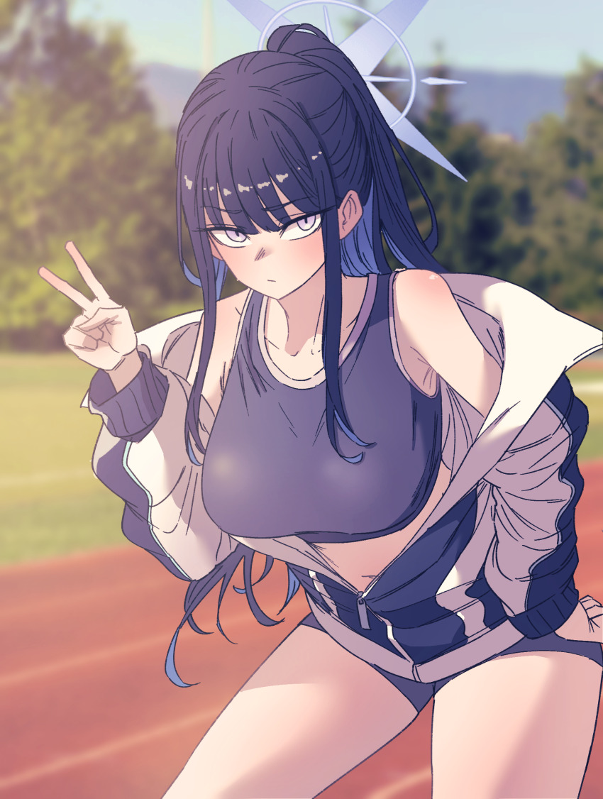 1girl absurdres alternate_hairstyle anygatsby bare_shoulders black_hair black_sports_bra blue_archive blue_eyes blue_hair blue_halo blurry blurry_background breasts buruma collarbone colored_inner_hair day halo hand_up highres jacket large_breasts leaning_forward long_hair long_sleeves multicolored_hair navel off_shoulder open_clothes outdoors ponytail running_track saori_(blue_archive) short_shorts shorts sidelocks solo sports_bra track_and_field track_jacket track_uniform v