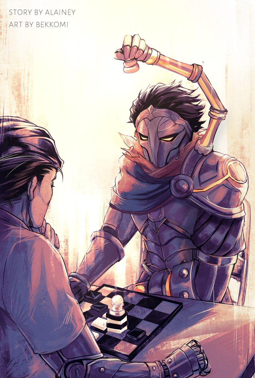 2boys absurdres armor artist_name bekkomi board_game breastplate cape chair chess chess_piece gauntlets glowing glowing_eyes highres holding jayce_(league_of_legends) league_of_legends multiple_boys short_hair short_sleeves shoulder_armor viktor_(league_of_legends)