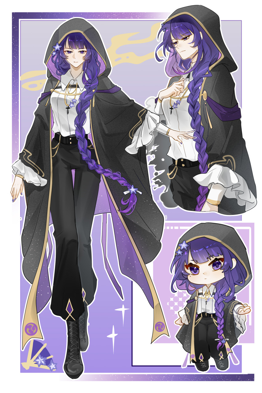 1girl absurdres alternate_costume alternate_universe belt black_belt black_boots black_pants black_robe blunt_bangs boots braid chest_belt chibi chinese_commentary christianity closed_mouth collared_shirt cross cross_necklace expressionless flower frilled_sleeves frills from_side genshin_impact gradient_hair hair_flower hair_ornament hair_over_shoulder hair_ribbon head_tilt highres hood hood_up jewelry jiokexiansheng long_braid long_hair long_sleeves looking_at_viewer looking_down mole mole_under_eye multicolored_hair necklace pants purple_eyes purple_flower purple_hair purple_nails raiden_shogun ribbon robe shade shirt single_braid thigh_gap white_shirt wide_sleeves