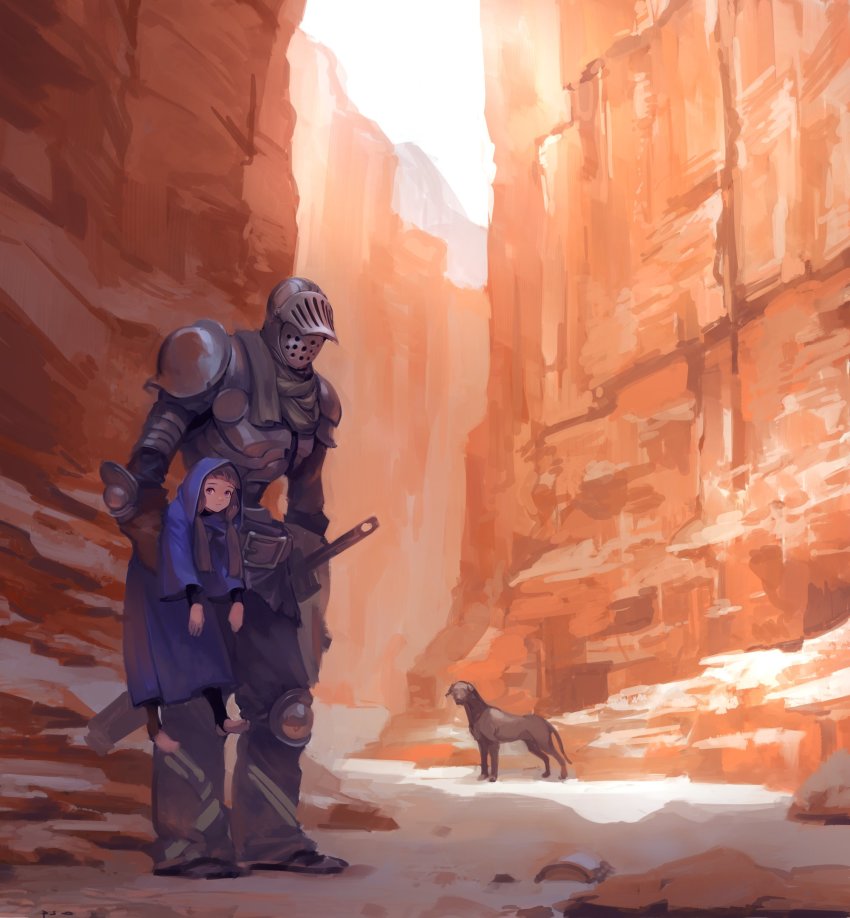 1boy 1girl animal armor black_legwear blue_cloak carrying carrying_under_arm child cloak covered_face dog fantasy grey_scarf helmet highres holding_person hood knight low_twintails nishiki_areku original outdoors pauldrons purple_eyes scarf shoulder_armor standing toeless_legwear twintails valley